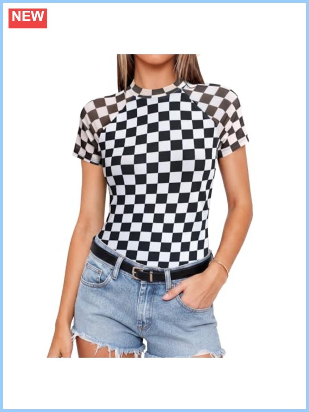 Sheer Mesh Mock Neck Short Sleeve Slim Fit Top